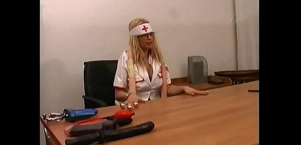  Sexy nurse Clarissa spreads her legs for two patients and gets anal fucked on office table